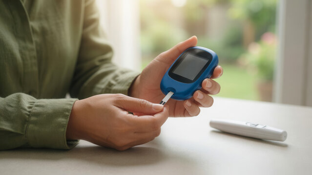 Woman holding glucometer inserting test strip at table, diabetes management and blood glucose monitoring
