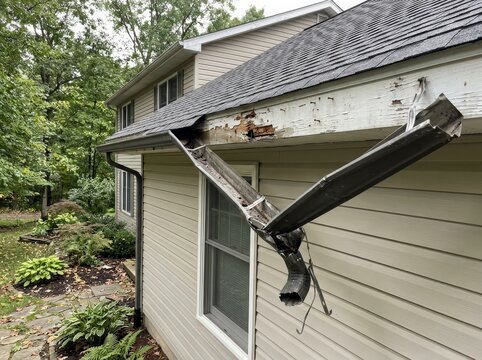 Damaged gutter on a house, showing wear and tear and potential water damage