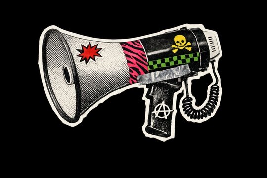 Colorful megaphone illustration with punk rock and anarchist motifs.