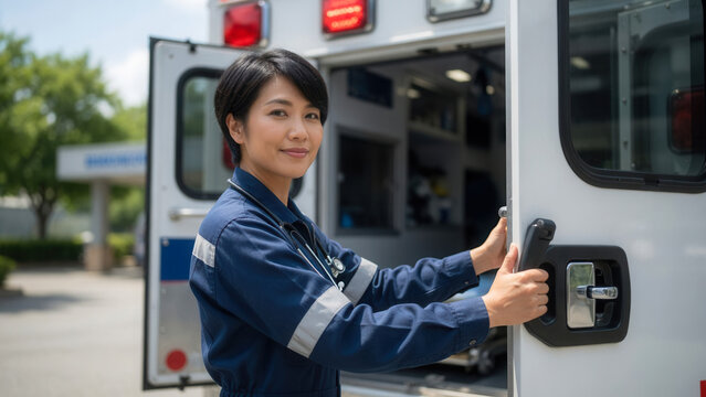 Asian female paramedic opening ambulance doors in hospital parking lot, emergency medical service and healthcare readiness