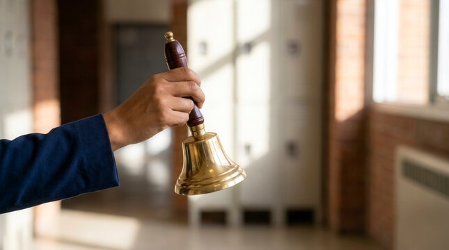 School bell ring held in hand in corridor, academic schedule and back to school event