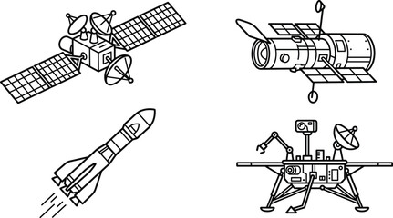 Space exploration mission control satellite communication and astronomy line icons set including rocket rover observatory astronaut and telescope concepts © MD SHAHAG ISLAM