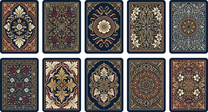 Vintage Playing Card Back Designs Vector Set Featuring Ornamental Floral Damask Royal Baroque and Victorian Pattern Covers