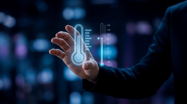Business professional interacting with digital temperature control interface in dark virtual environment