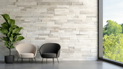 Fototapeta premium Modern Waiting Lounge Stone Textures Panoramic Windows Peacef Alternate Seating Perspective, calming empty waiting room, modern commercial interior, relaxing hospitality design