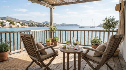Obraz premium Relaxing wooden deck overlooking a serene bay with sailboats and coastal village