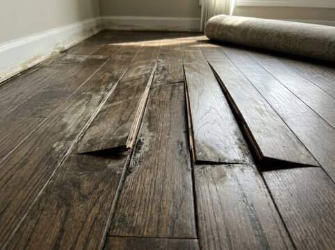 Damaged hardwood floor with cupped and gapped planks. The floor shows signs of water damage or other moisture issues, with raised edges and separation between the wooden planks