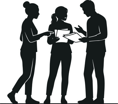 Group Of People Discussing Documents Together Vector Silhouette
