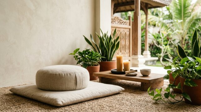 Serene meditation corner with zabuton cushion, candles, and plants