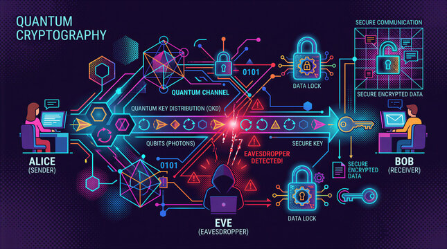 Diagram illustrates quantum cryptography process with sender Alice, receiver Bob, and eavesdropper Eve. Visual representation of quantum key distribution and secure data transmission