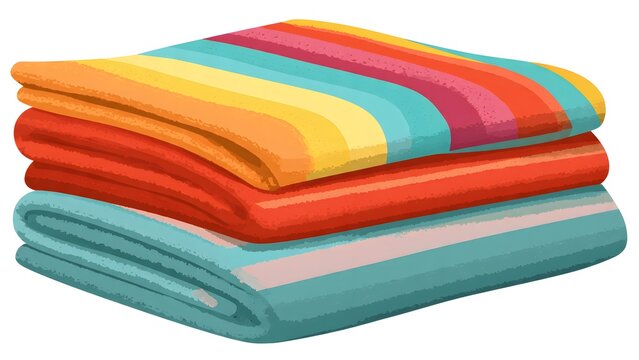 A stack of colorful folded blankets and towels featuring vibrant stripes, red, and blue shades in a neat pile