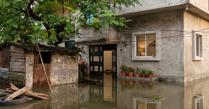 Residential House Submerged In Deep Flood Water During Severe Natural Disaster