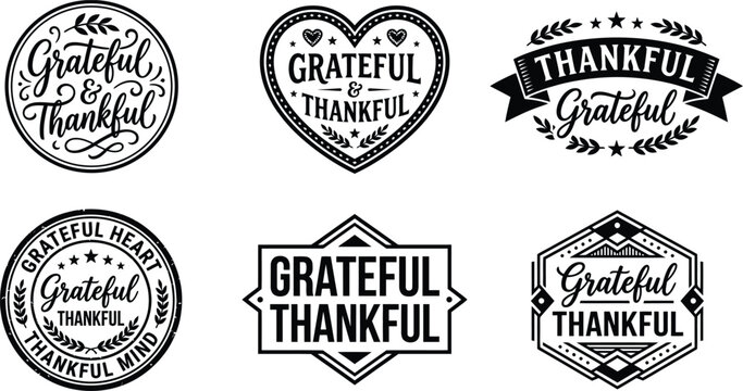Set of grateful and thankful typography badges in a black silhouette isolated on transparent background