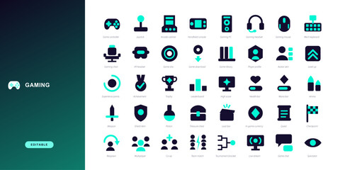 Gaming icon set. Contain icons related to game controller, joystick, arcade cabinet, handheld console, gaming pc, gaming headset and more. Flat two-tone vector icons with editable stroke. © MdNasir
