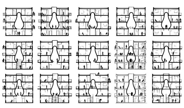 Modern residential apartment building section pear shaped atrium people silhouette CAD vector collection