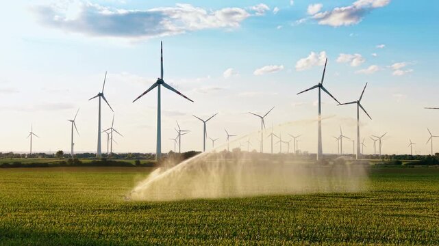Large water spray irrigating farmland with wind turbines. A bright mist arc waters the green field in front of multiple clean energy generators under a cloudy sky.