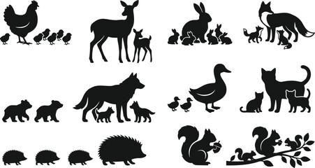Animal Families Black Silhouette Icons Hen Chicks Deer Fawn Rabbit Fox Bear Wolf Duck Cat Hedgehog Squirrel Vector Set © MDSOJIB