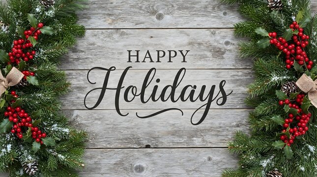 Happy Holidays festive Christmas banner with red poinsettias. Seasonal winter greeting card featuring handwritten calligraphy on rustic wood backgr...