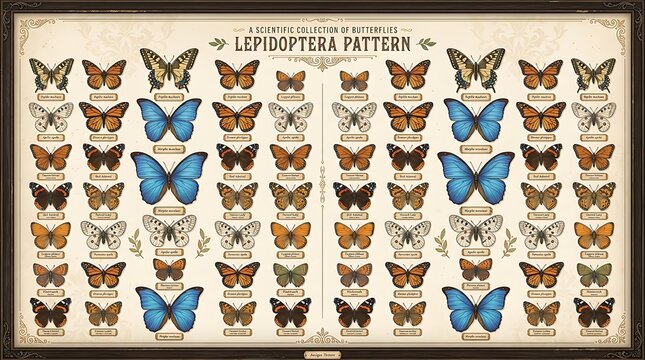 Collection of Colorful Butterfly Species Arranged in Symmetrical Pattern Display.