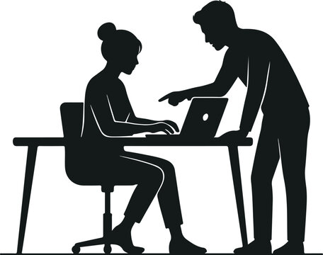 Colleagues Collaborating On Laptop At Office Desk Vector Silhouette