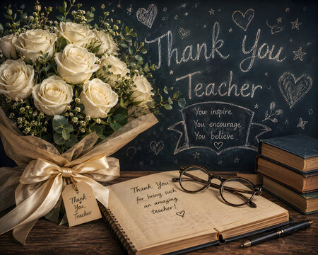 Teacher appreciation gift with handwritten thank you note. Elegant white roses bouquet and vintage glasses on chalkboard background.