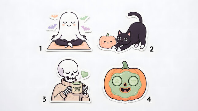 Cute spooky self-care Halloween stickers set. Adorable cartoon ghost meditating, black cat with pumpkin, skeleton drinking matcha latte, and pumpkin with face mask isolated on white background.