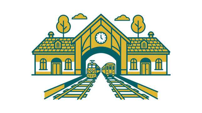 Retro train station with two trains on tracks, vintage travel illustration