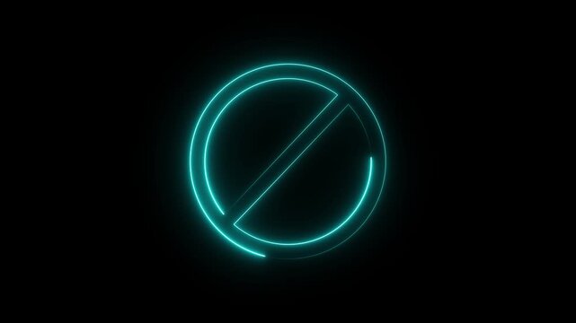 Cyan color neon ban or no entry icon black background. Motion Graphic concept. animation