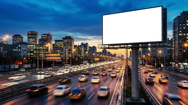 Empty white billboard mockup on metal pole stands above busy traffic in motion blur cars with cinematic environment lighting under dusk sky