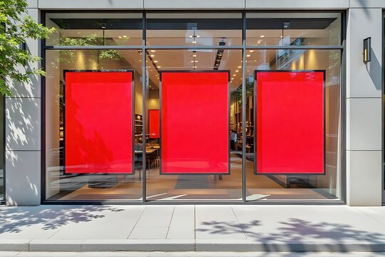 Outdoor storefront glass display window divided into three metal frames with each frame has a hanging blank red sign mockup bathed in natural light