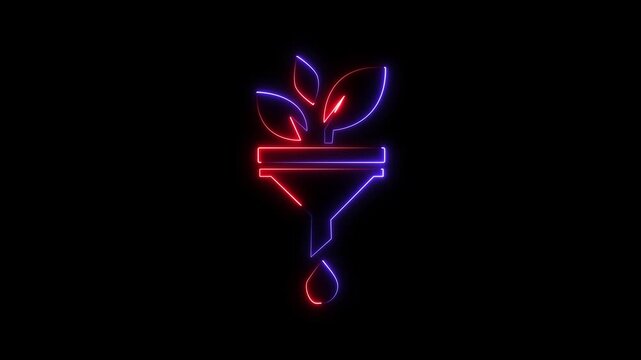 Neon plant funnel animation .Glowing neon line Funnel or filter icon isolated on black background. animation
