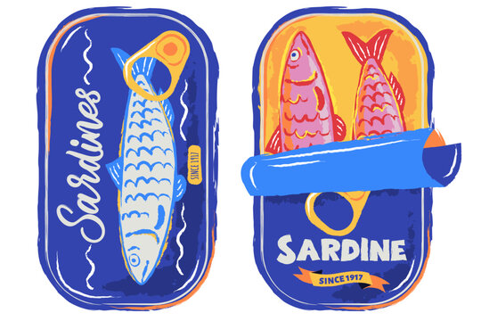 Vector hand drawn sardine fish tin cans. Watercolor illustration of canned seafood. Label, marine print design elements