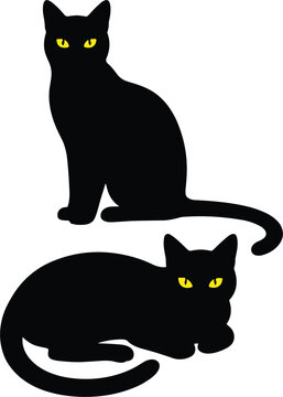 Black cat silhouettes with glowing yellow eyes sitting and lying positions spooky halloween theme vector illustration