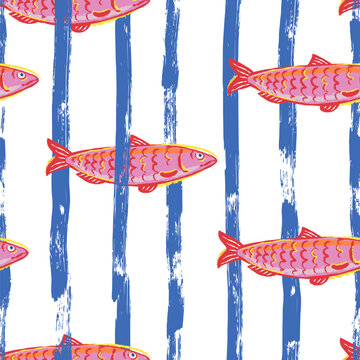 Pink sardines seamless pattern on blue striped background. Vector hand drawn watercolor textile print, packaging design