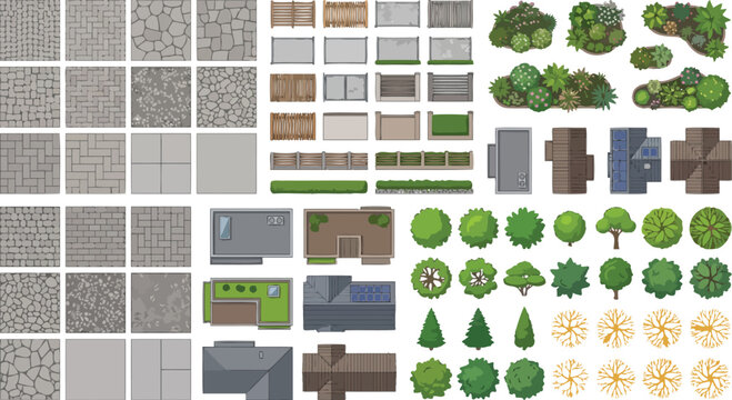 Top down landscape design elements set with paving textures fences trees and building roof plans vector illustration