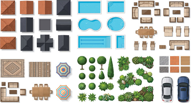 Top view architectural elements set including house roofs swimming pools furniture trees and cars for site planning
