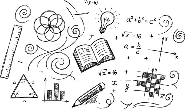 Mathematics and geometry education doodle set featuring formulas graph ruler lightbulb open book and pencil elements