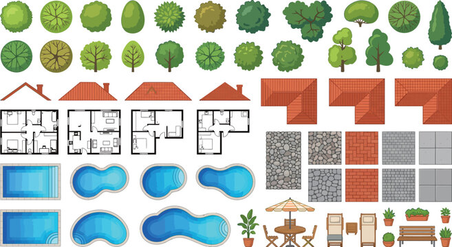 Top view architectural landscape elements set with trees house roofs floor plans and swimming pools vector illustration