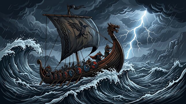 Viking longship battling fierce storm with lightning and towering waves.