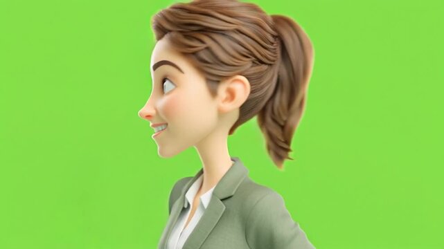 A successful 3D-modeled businesswoman with a joyful expression is shown standing and giving a thumbs-up; she has brown hair and is set against a green background.