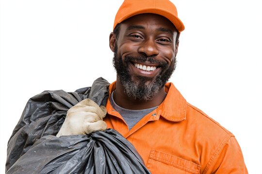 Smiling sanitation worker holding large heavy trash bag with male sanitation