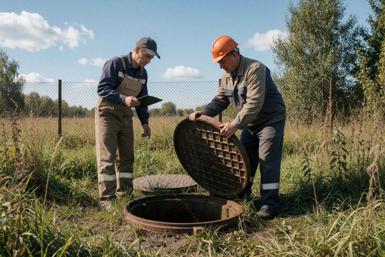 Municipal utility workers open underground water well for system inspection. Two technicians in uniform check pipes in rural area field. One man holds clipboard document notes partner lifts heavy