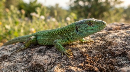 Fototapeta premium Green Lizard on Sunlit Rock