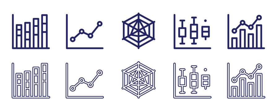 Set of thin line icons for business charts and graphs, including bar chart, line graph, radar chart, box plot, and combined column and line chart