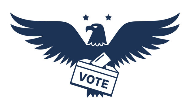 Eagle and Ballot Box with Vote Sign: A powerful navy blue eagle with outstretched wings holds a ballot box with the word VOTE prominently displayed, symbolizing freedom, democracy.