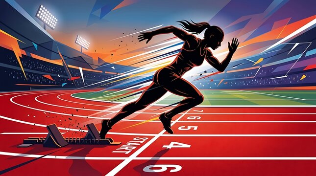 Athletic sprinter in starting blocks on vibrant illuminated track at dusk.