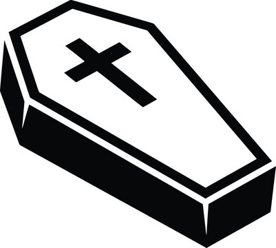 A simple black and white vector illustration of a traditional wooden coffin with a christian cross symbol on the lid