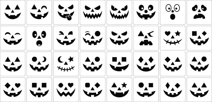 A collection of various scary and funny jack o lantern pumpkin carving face stencils for halloween decoration projects and crafts