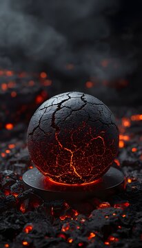 Cracked molten lava sphere glowing with fire on volcanic ash rocks