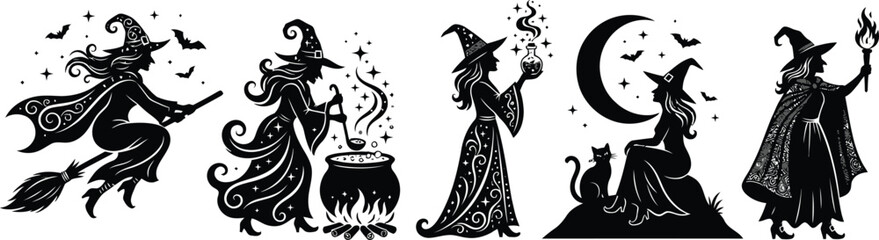 Set of five black silhouettes of witches performing magic spells and flying on broomsticks isolated on a white background for halloween design © RubinaIslam